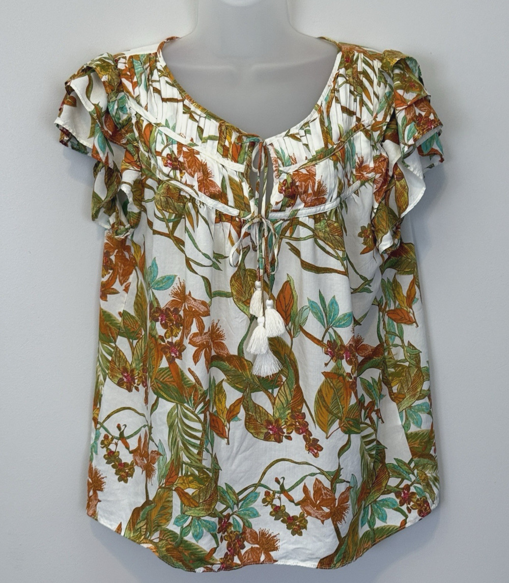 Rose + Olive Sz L Floral Ruffle Sleeve Top Cream Orange Ruffle Tie Neck Chiffon